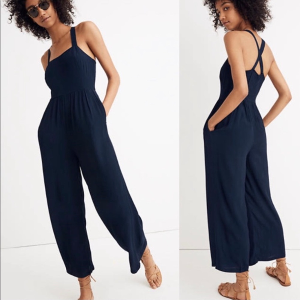 Madewell Navy Smocked Crop Jumpsuit